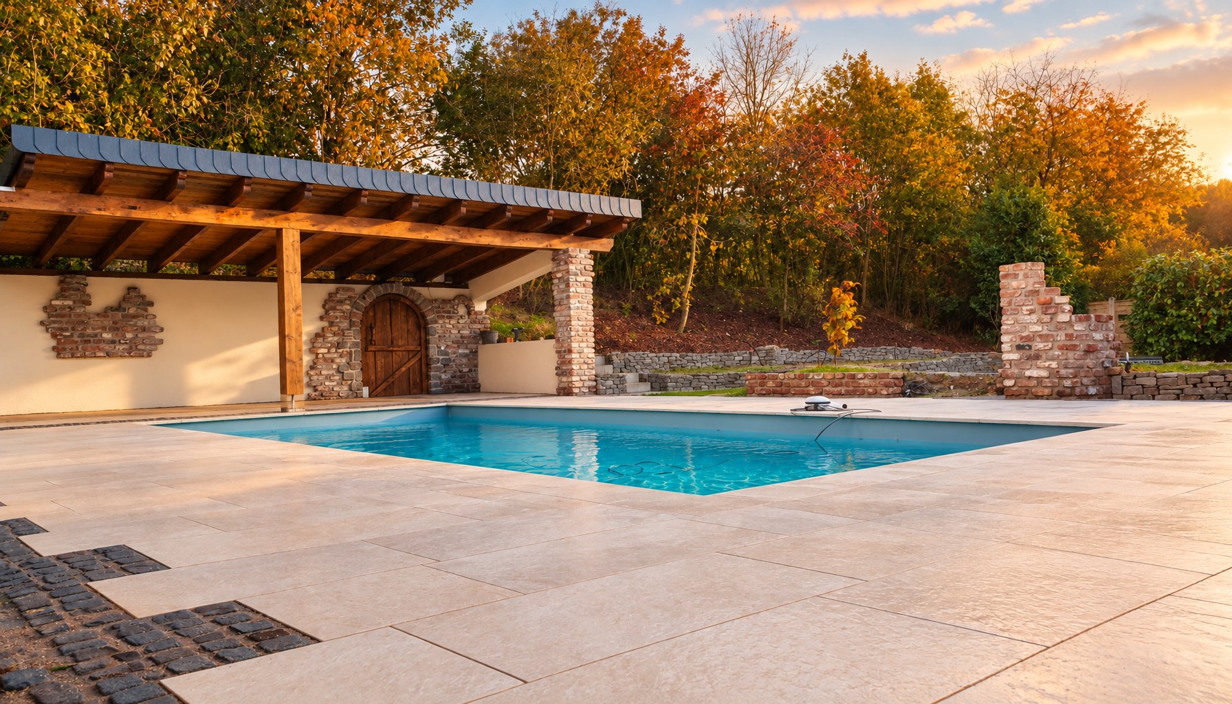 Pool mit Natursteinplatten und Holzüberdachung