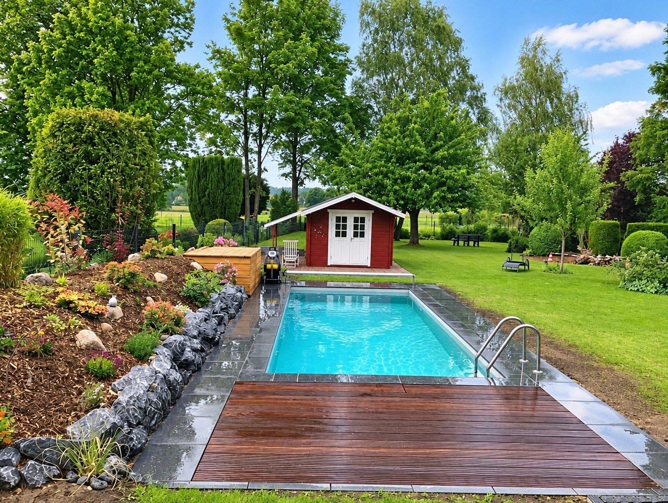 Pool mit Holzdeck, Plattenumrandung und bepflanztem Hang