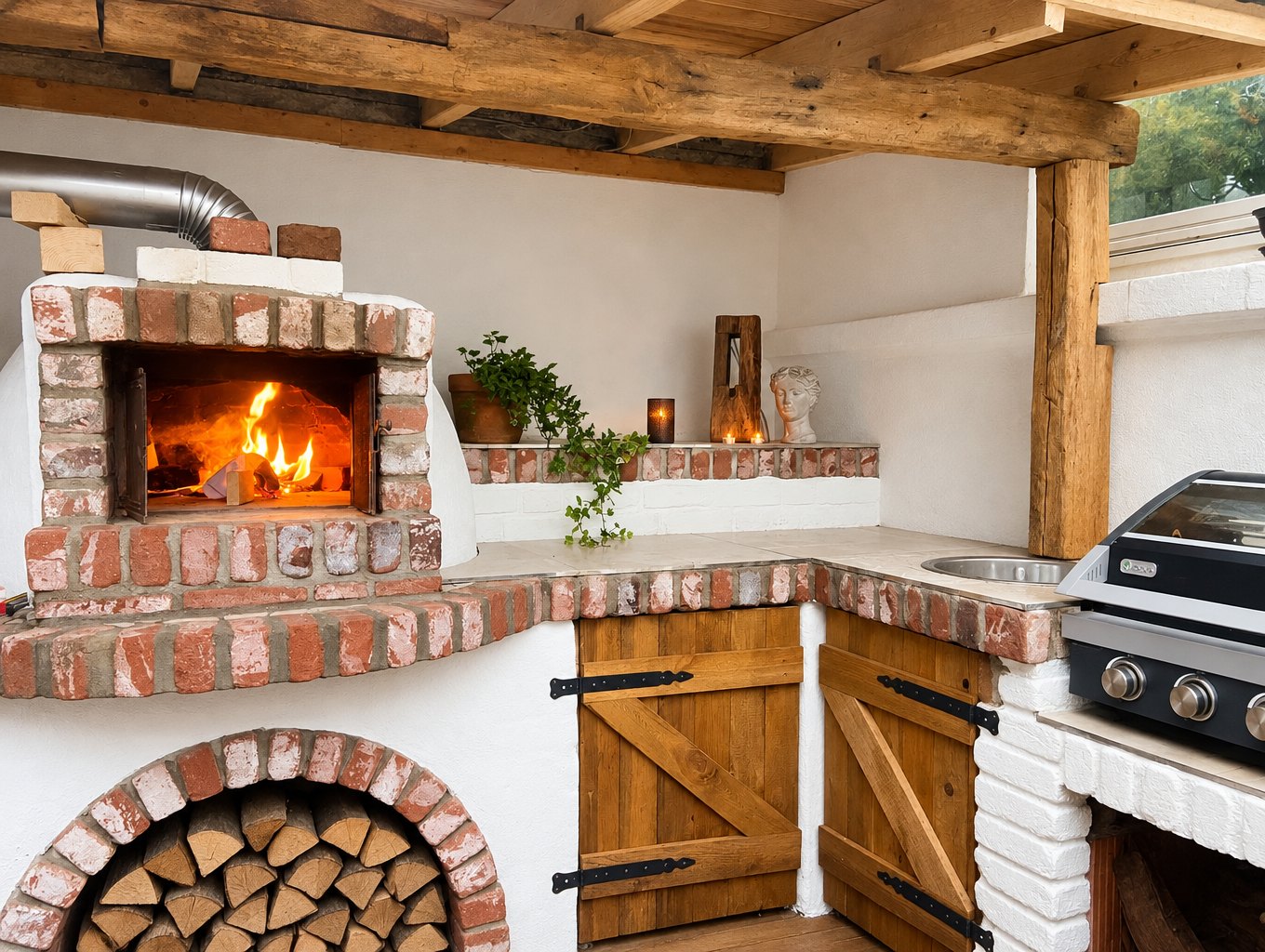 Holzbackofen in Betrieb mit Arbeitsplatte und Holztüren
