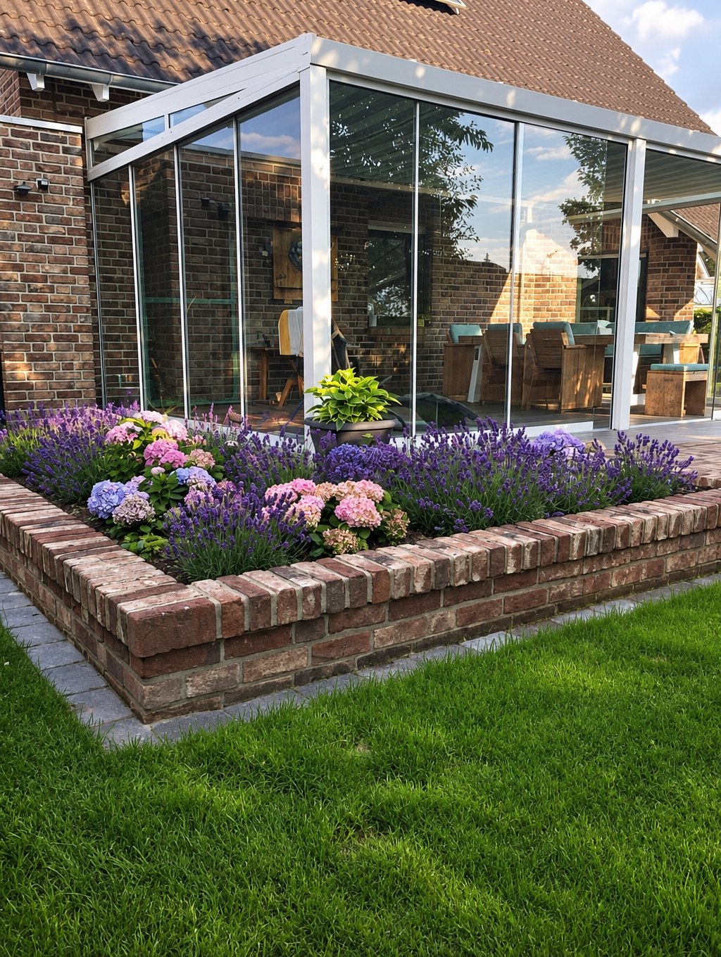 Gemauertes Hochbeet aus Verblendsteinen mit Lavendel und Hortensien vor dem Terrassendach