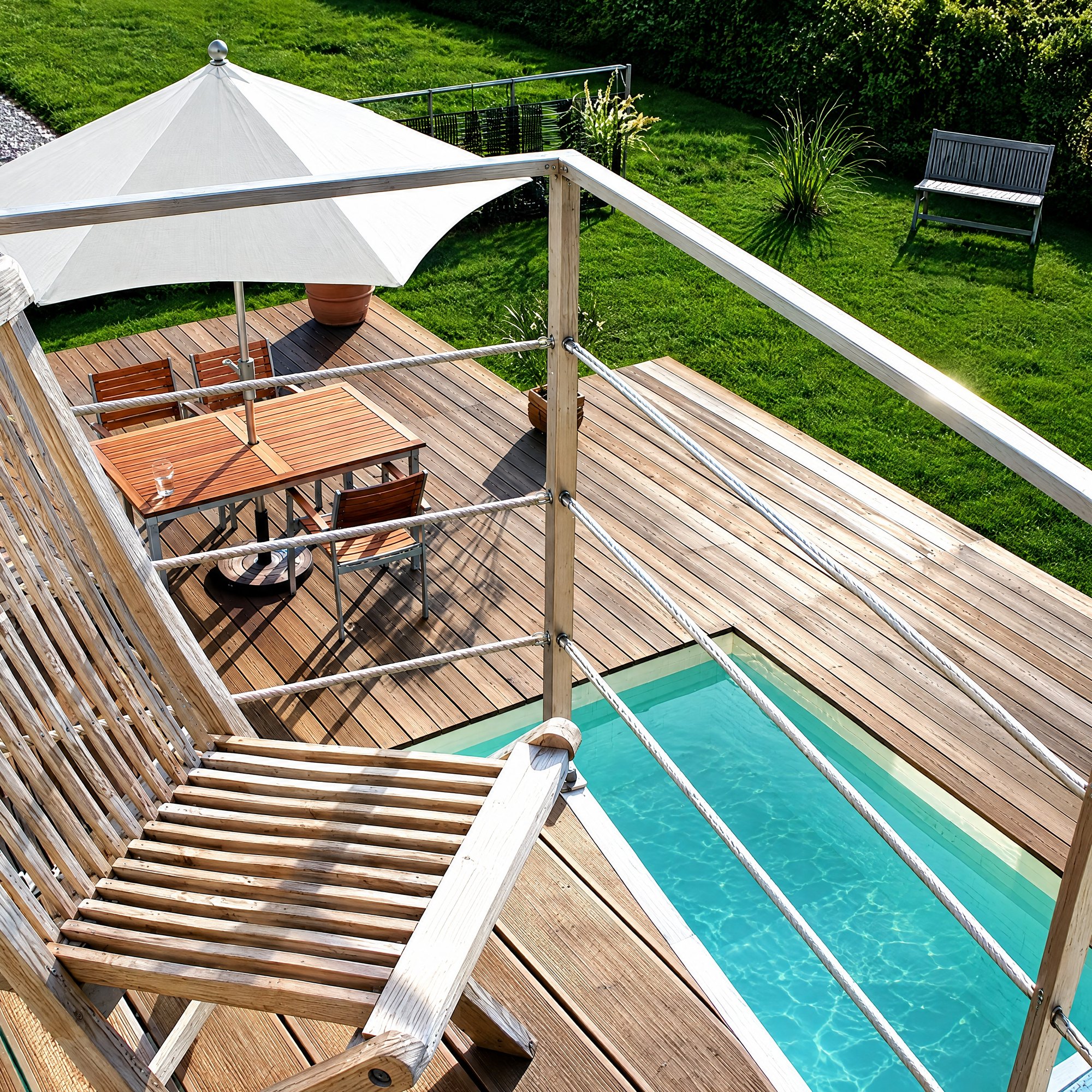 Blick vom Balkon auf Pool und Holzdeck